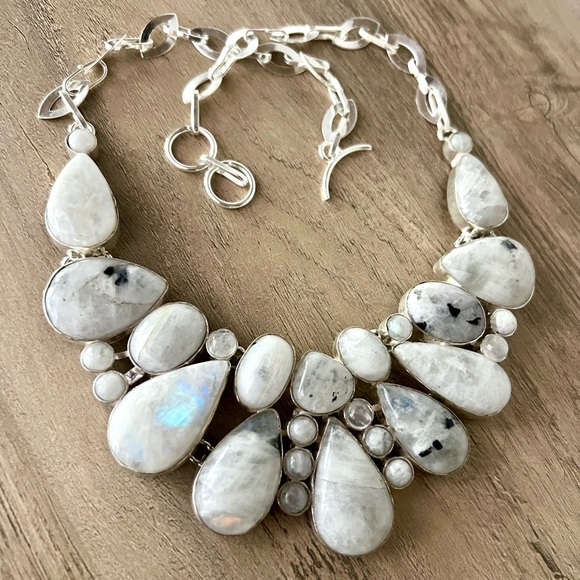 Jewelry - 925 MOON GODDESS Rainbow Flash Moonstone Collar Bib Necklace